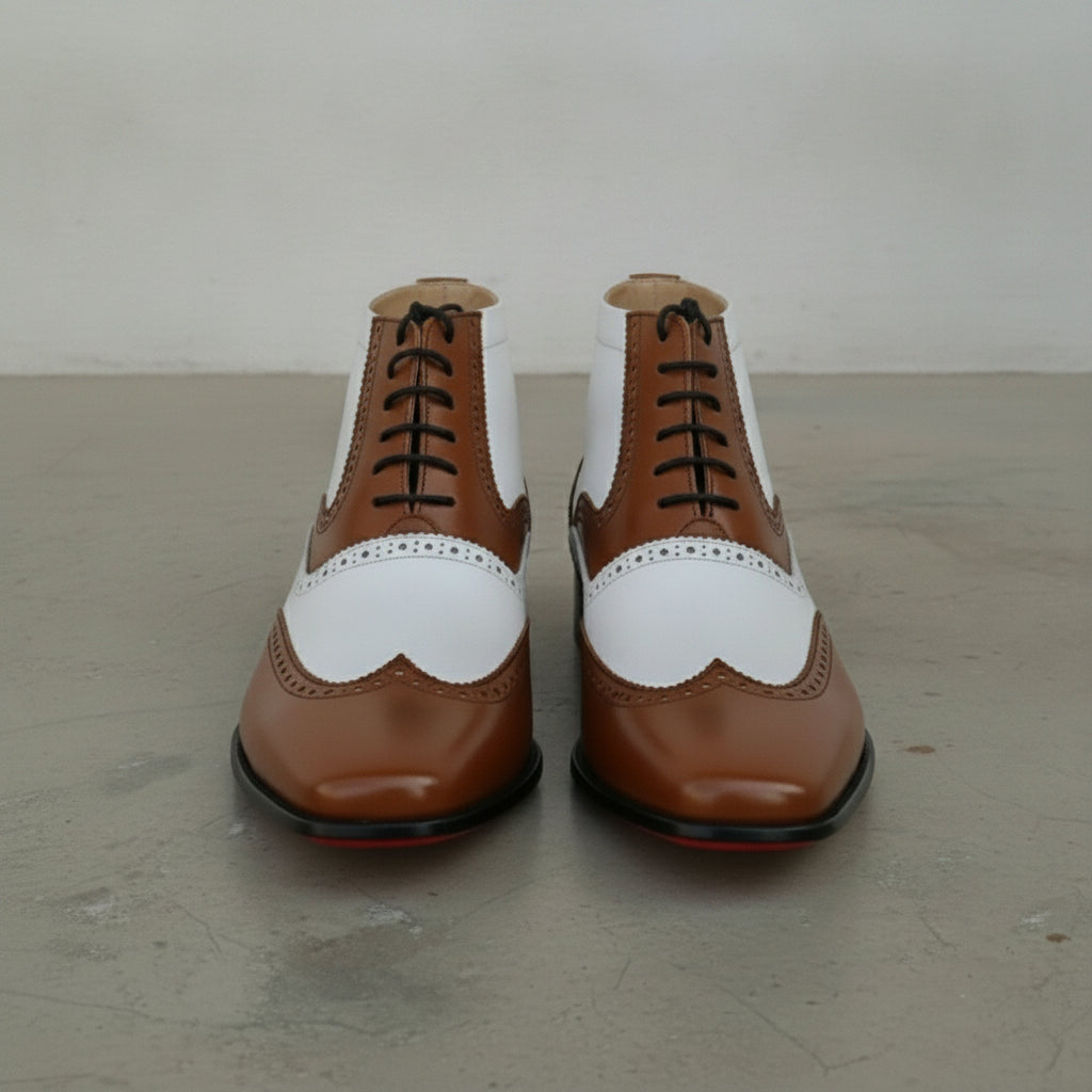 Men's Brown and White Wingtip Spectator Leather Ankle Boots — Donne