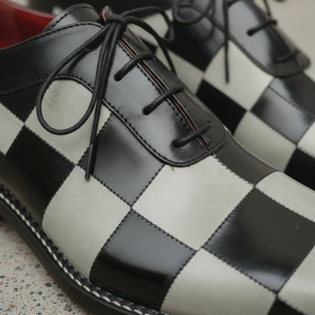 Men's Black and Off-White Checkerboard Leather Plain-Toe Oxfords — Abbotley