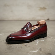 Men's Burgundy Moc-Toe Crocodile-Embossed Leather Penny Loafers — Abberforth