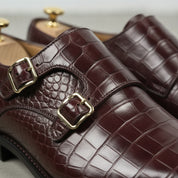 Men's Burgundy Crocodile-Embossed Leather Double Monk Strap Shoes — Sandys