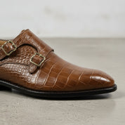 Men's Brown Crocodile-Embossed Leather Double Monk Strap Shoes — Sandys