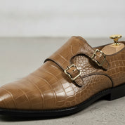 Men's Tan Crocodile-Embossed Leather Double Monk Strap Shoes — Sandys