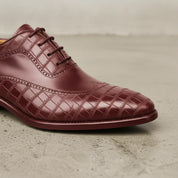 Men's Burgundy Crocodile-Embossed Leather Wingtip Oxfords — Arden