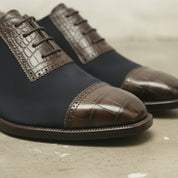 Men's Dark Blue and Dark Brown Cap-Toe Crocodile-Embossed Leather and Canvas Oxfords — Garnett — Garnett