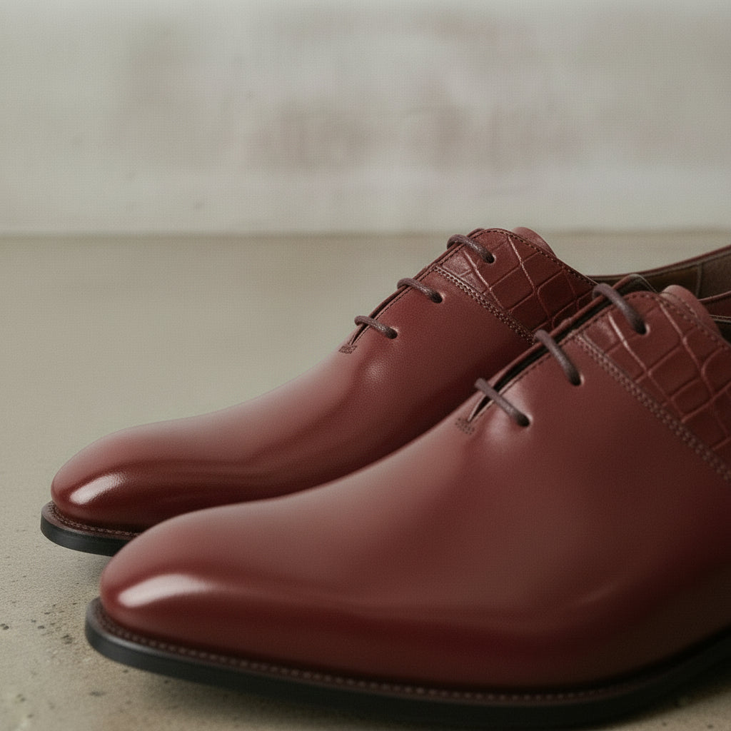 Men's Burgundy Plain-Toe Crocodile-Embossed Leather Oxfords — Esmond