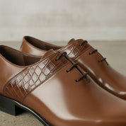 Men's Brown Plain-Toe Crocodile-Embossed Leather Oxfords — Esmond