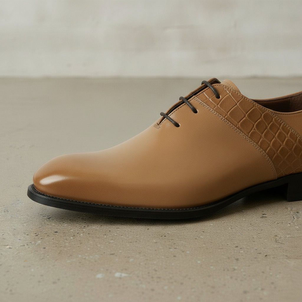 Men's Tan Plain-Toe Crocodile-Embossed Leather Oxfords — Esmond