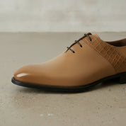 Men's Tan Plain-Toe Crocodile-Embossed Leather Oxfords — Esmond