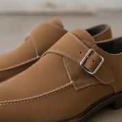 Men's Tan Apron-Toe Suede Monk Strap Shoes — Bagborough