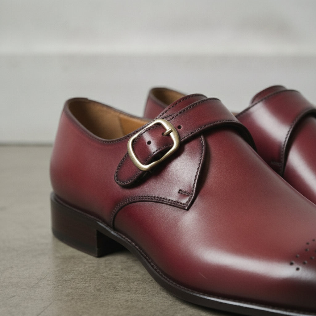 Men's Burgundy Plain-Toe Leather Monk Strap Shoes — Creighton