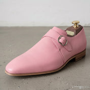 Men's Rose Pink Plain-Toe Leather Monk Strap Shoes — Attley