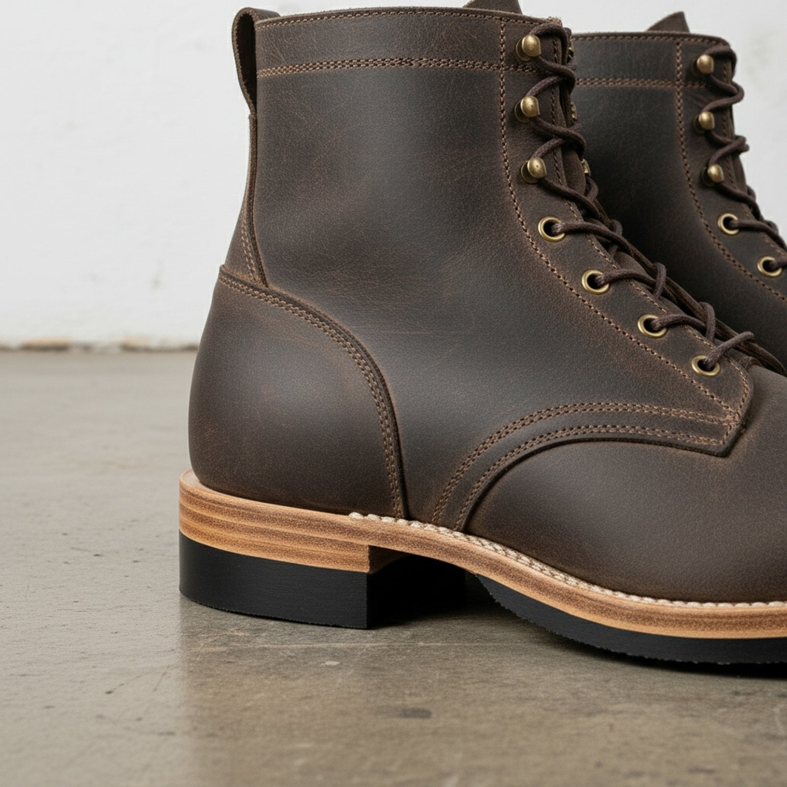detail-view-showing-texture - Men's Combat Boots, Dark Brown Leather Boots, Goodyear Welt Combat Boots