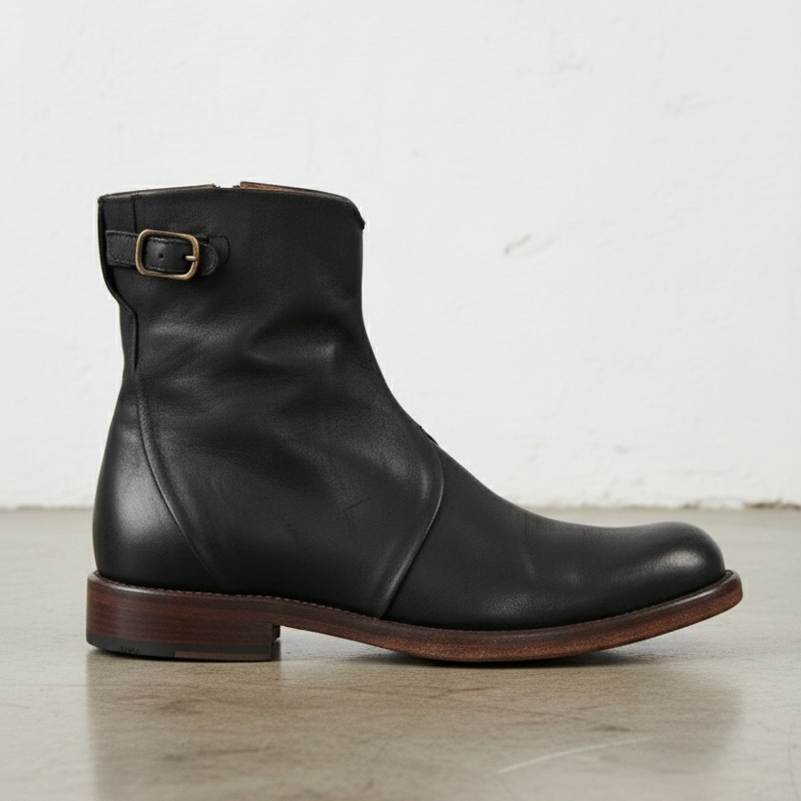 detail-view-showing-texture - Men's Distressed Ankle Boots, Full-Grain Leather Ankle Boots, Buckle Strap Ankle Boots