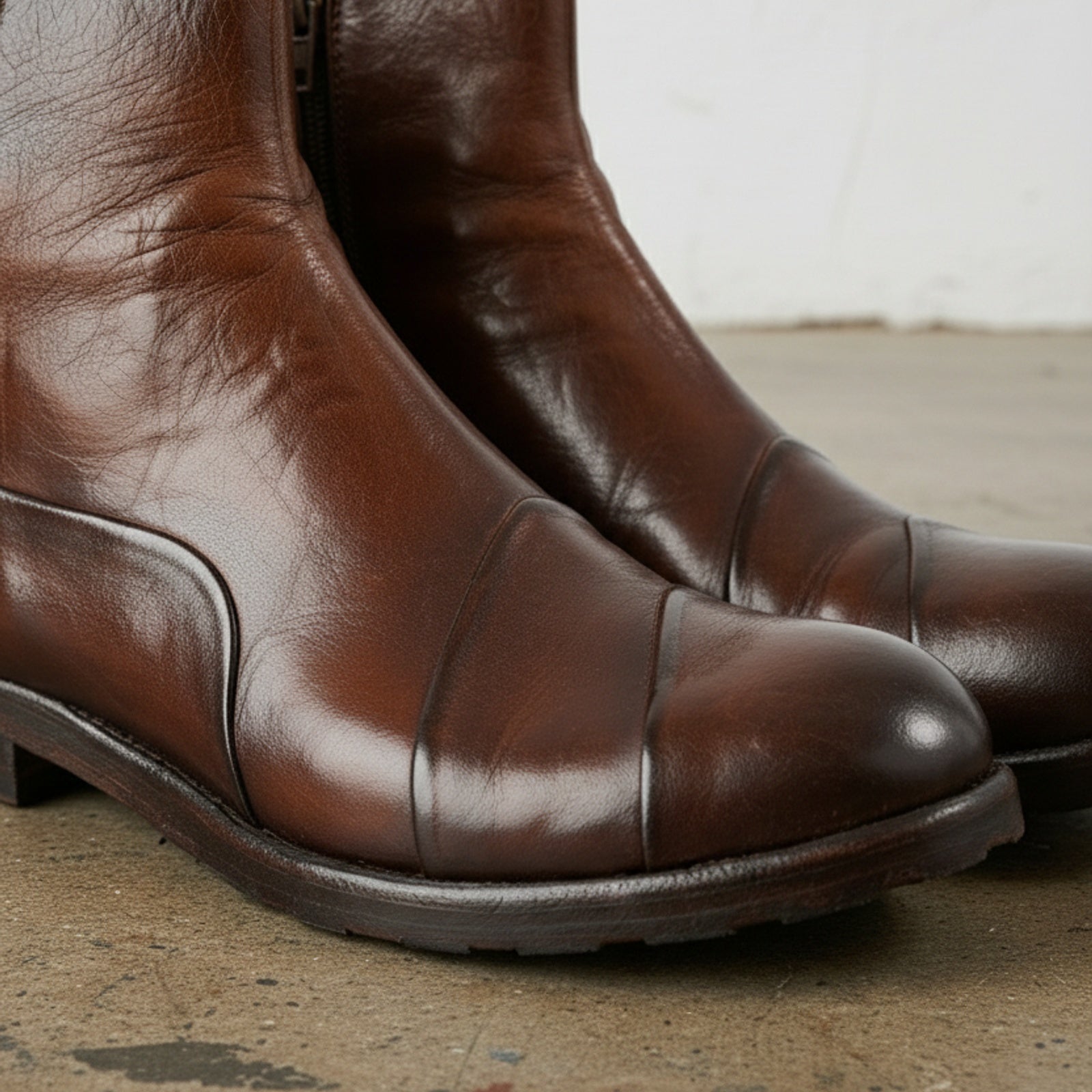 detail-view-showing-texture - Men's Distressed Leather Ankle Boots, Full-Grain Leather Ankle Boots, Dark Brown Leather Boots