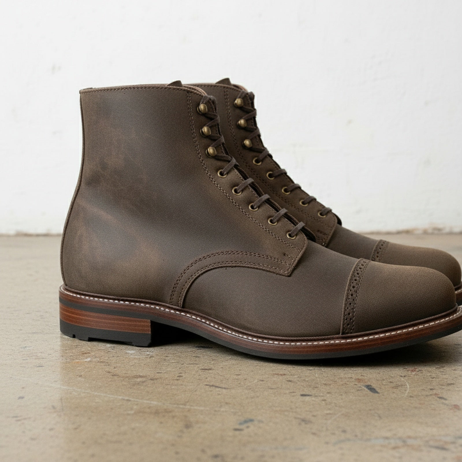 detail-view-showing-texture - Men's Lace-Up Nubuck Ankle Boots, Brown Cap-Toe Boots, Goodyear Welted Nubuck Boots