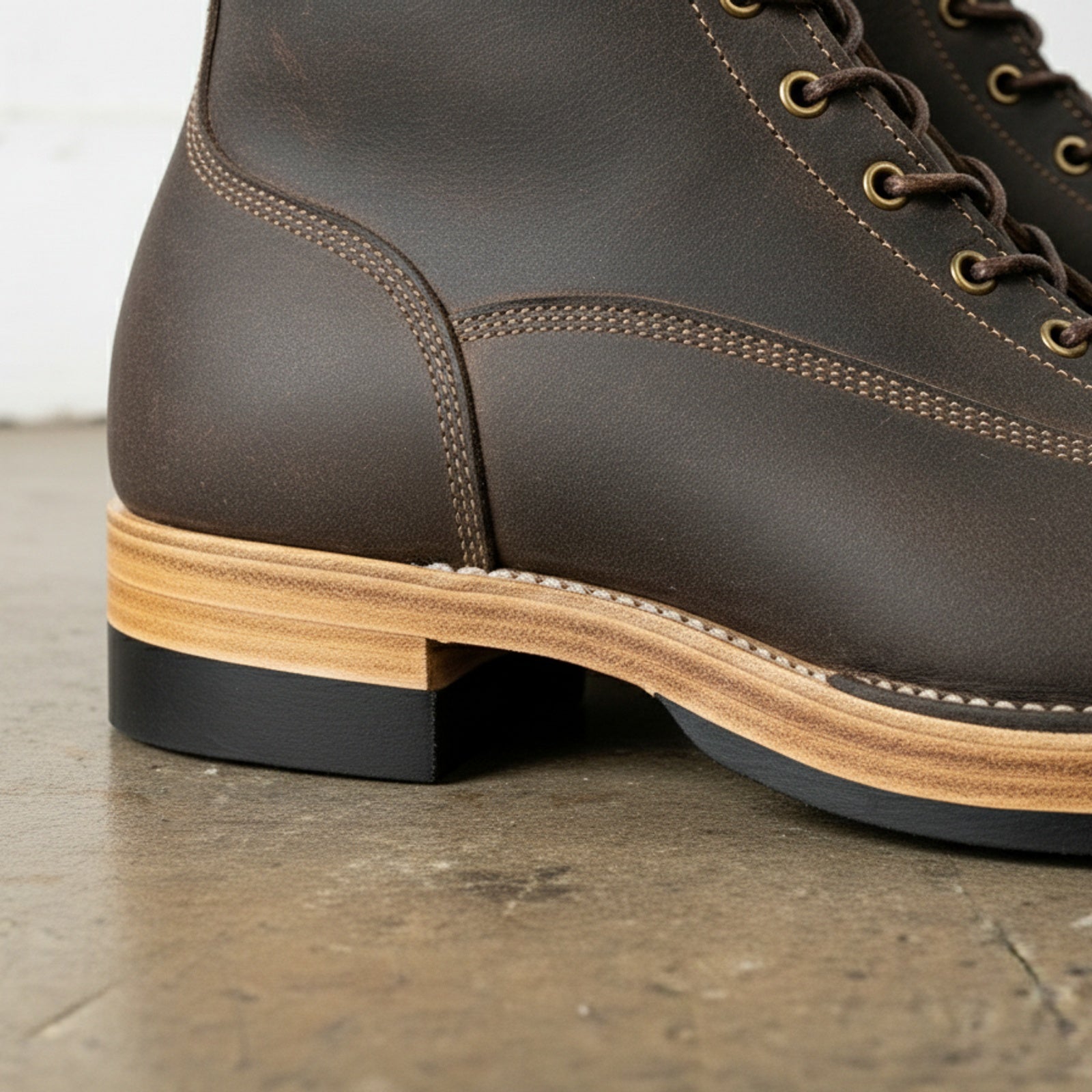 detail-view-showing-texture - Men's Logger Boots, Leather Work Boots, Goodyear Welt Logger Boots