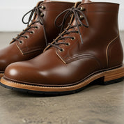 detail-view-showing-texture - Men's Service Boots, Full-Grain Leather Boots, Goodyear Welt Service Boots, Brown Leather Ankle Boots