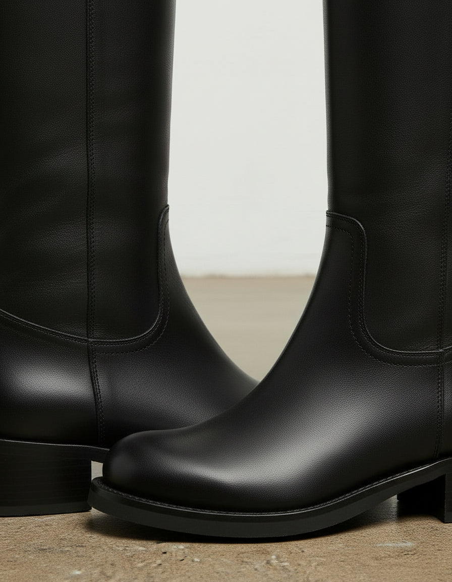 detail-view-showing-texture - Women's Handmade Black Knee-High Riding Leather Boots