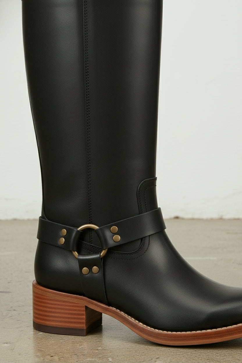 detail-view-showing-texture - Women's Handmade Black Leather Classic Riding Boots