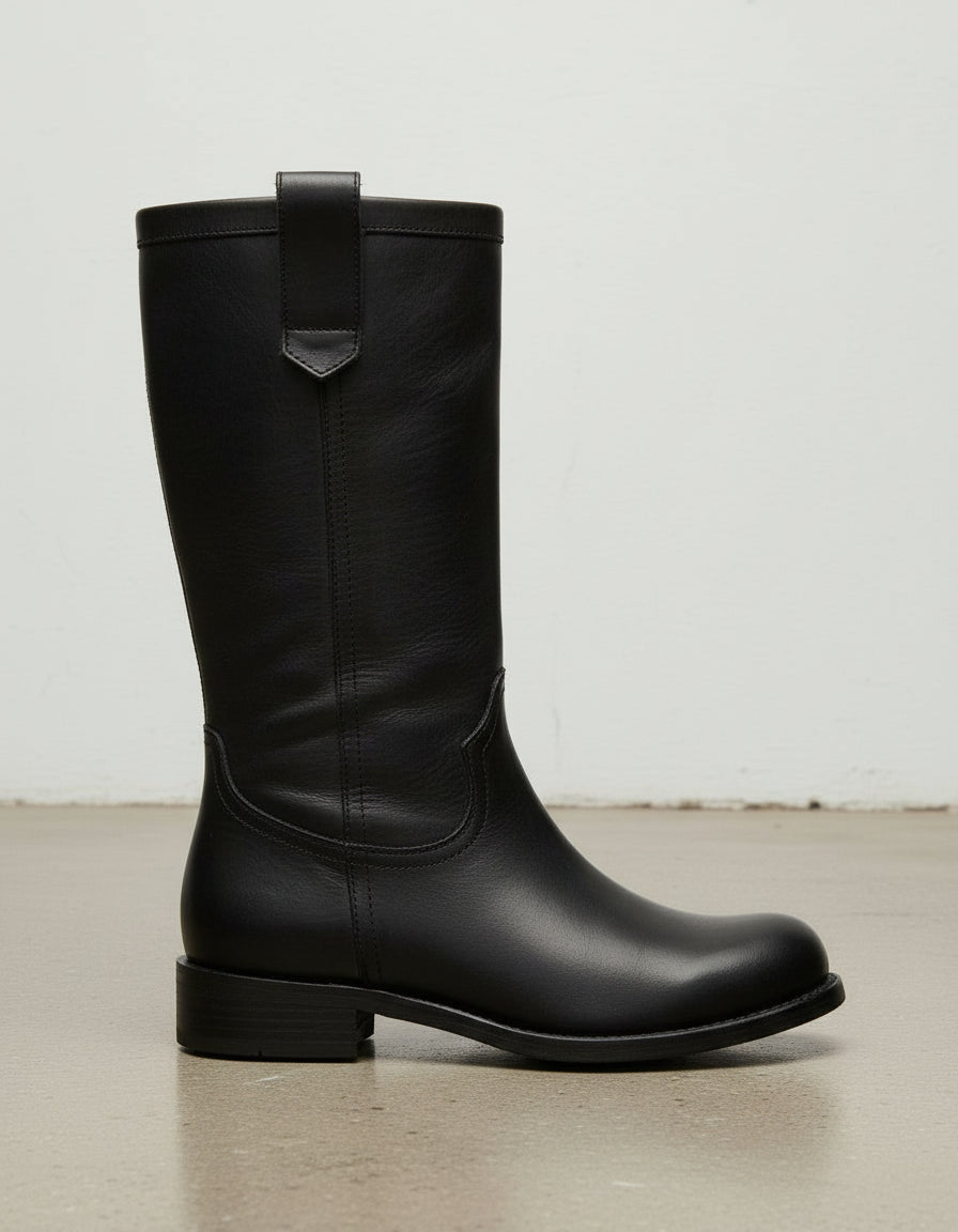 detail-view-showing-texture - Women's Handmade Black Leather Flat Western Boots