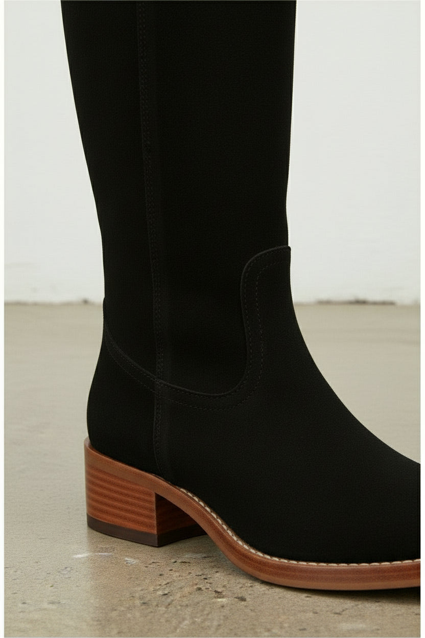 detail-view-showing-texture - Women's Handmade Black Leather Knee-High Riding Boots