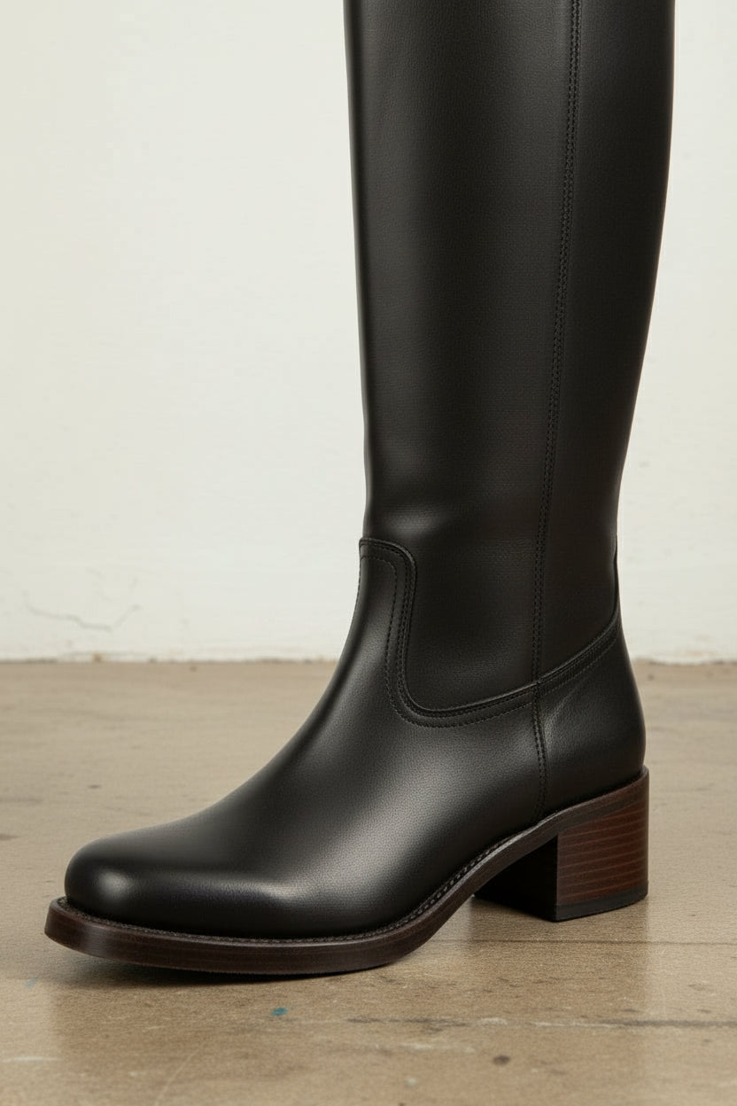 detail-view-showing-texture - Women's Handmade Black Leather Knee-High Riding Boots