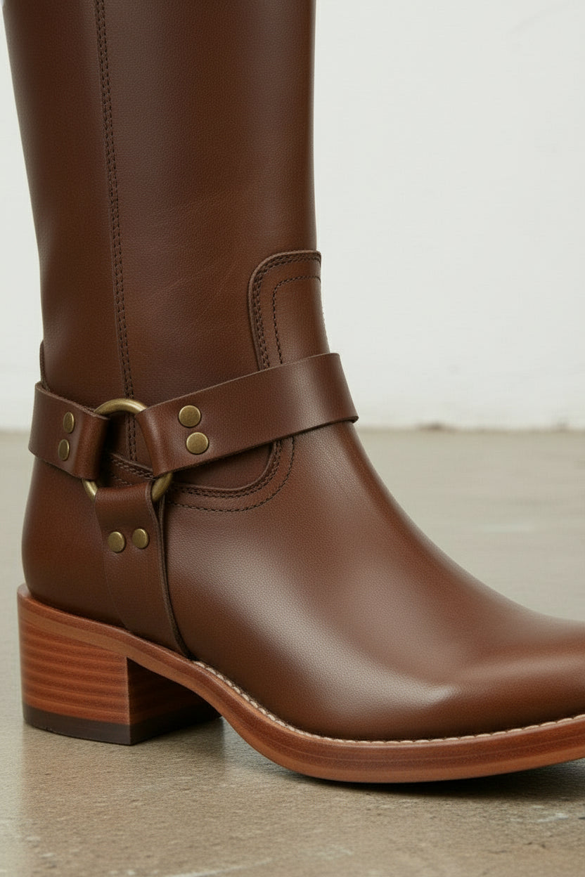 detail-view-showing-texture - Women's Handmade Brown Classic Riding Boots, Knee-High Leather Riding Boots