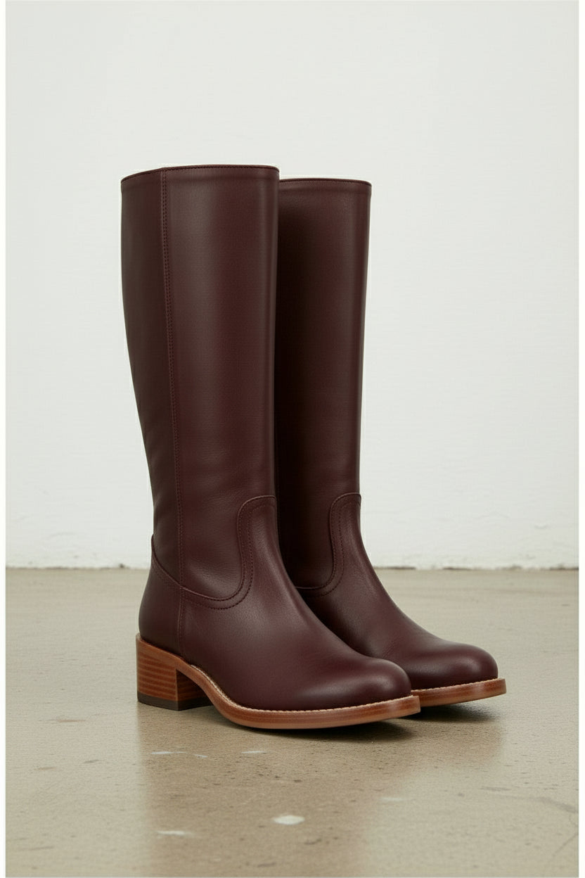 detail-view-showing-texture - Women's Handmade Burgundy Knee-High Leather Classic Riding Boots