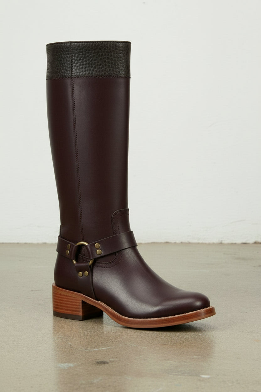 detail-view-showing-texture - Women's Handmade Burgundy Knee-High Leather Riding Boots