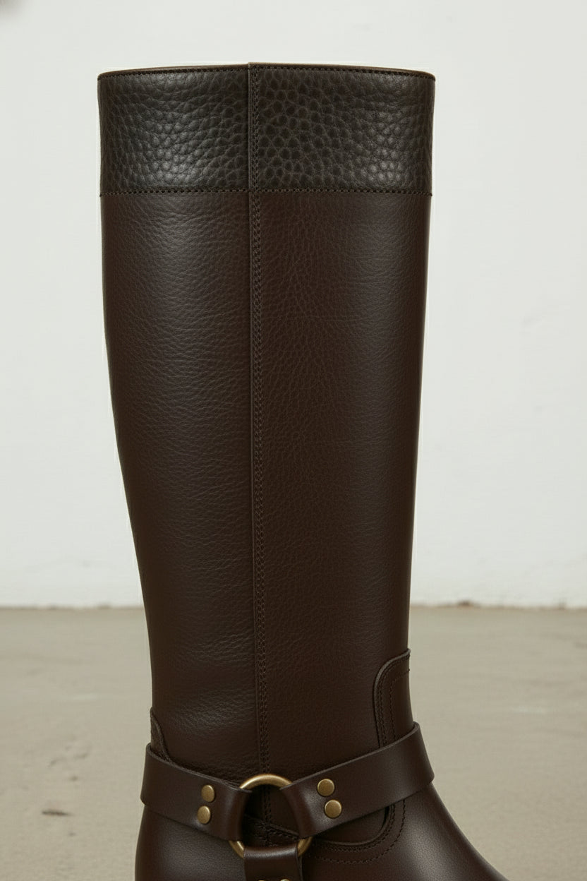 detail-view-showing-texture - Women's Handmade Chocolate Knee-High Riding Leather Boots
