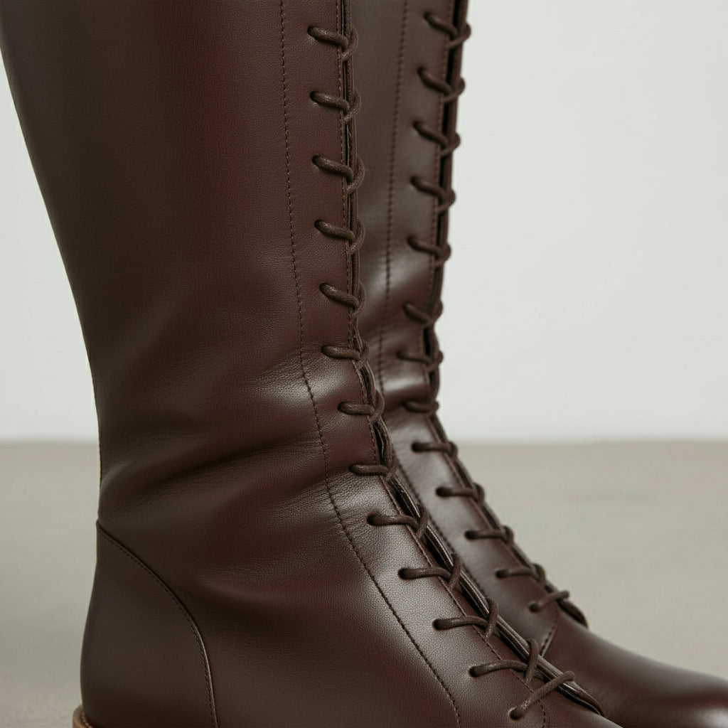 detail-view-showing-texture - Women's Handmade Chocolate Laced Knee-High Leather Boots