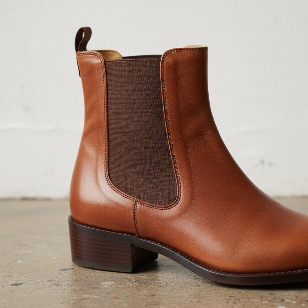 detail-view-showing-texture - Women's Handmade Cognac Brown Elastic Side Boot Leather Chelsea Boots
