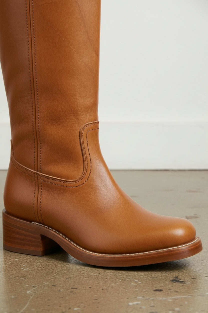 detail-view-showing-texture - Women's Handmade Cognac Brown Full Grain Leather Classic Riding Boots