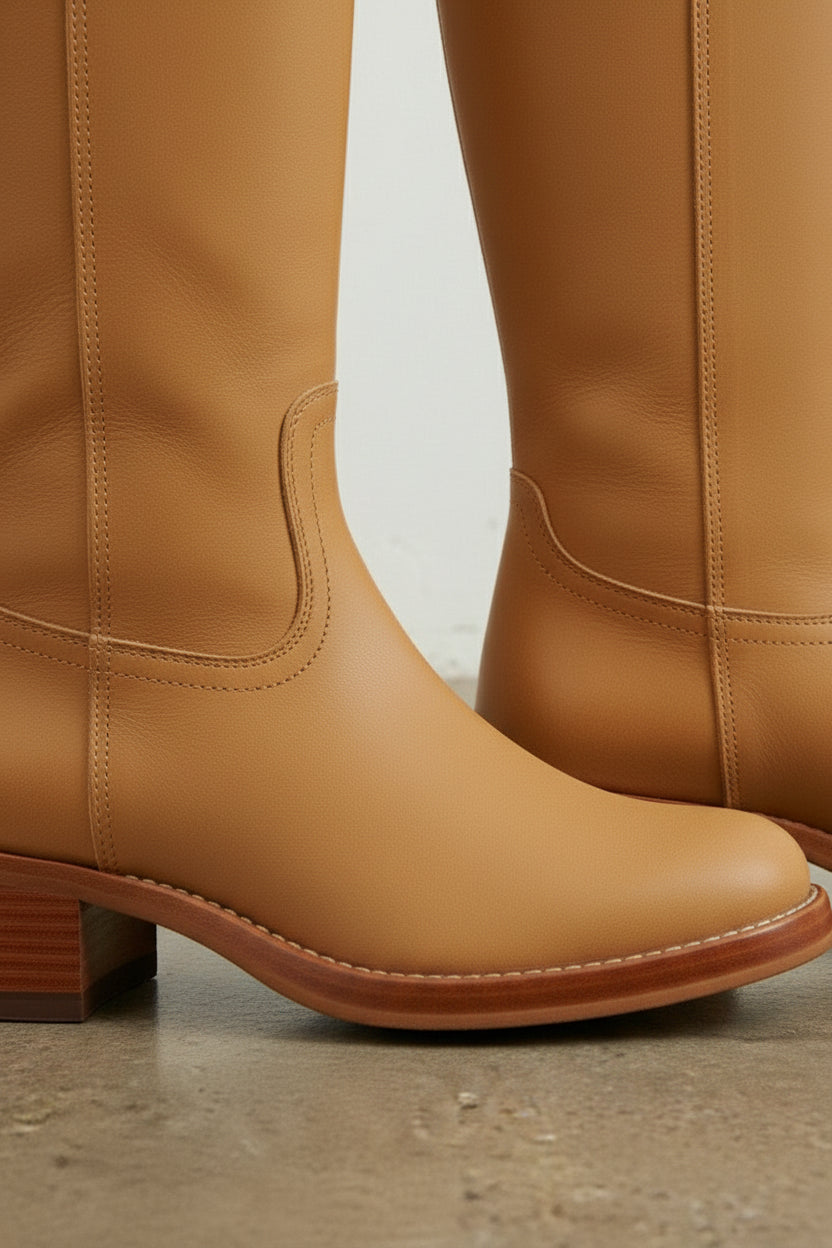 detail-view-showing-texture - Women's Handmade Cognac Brown Knee-High Leather Classic Riding Boots