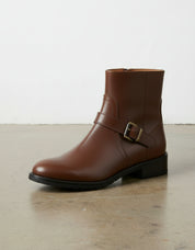detail-view-showing-texture - Women's Handmade Cognac Brown Leather Ankle Boots, The Artisan Moto / Harness Boot