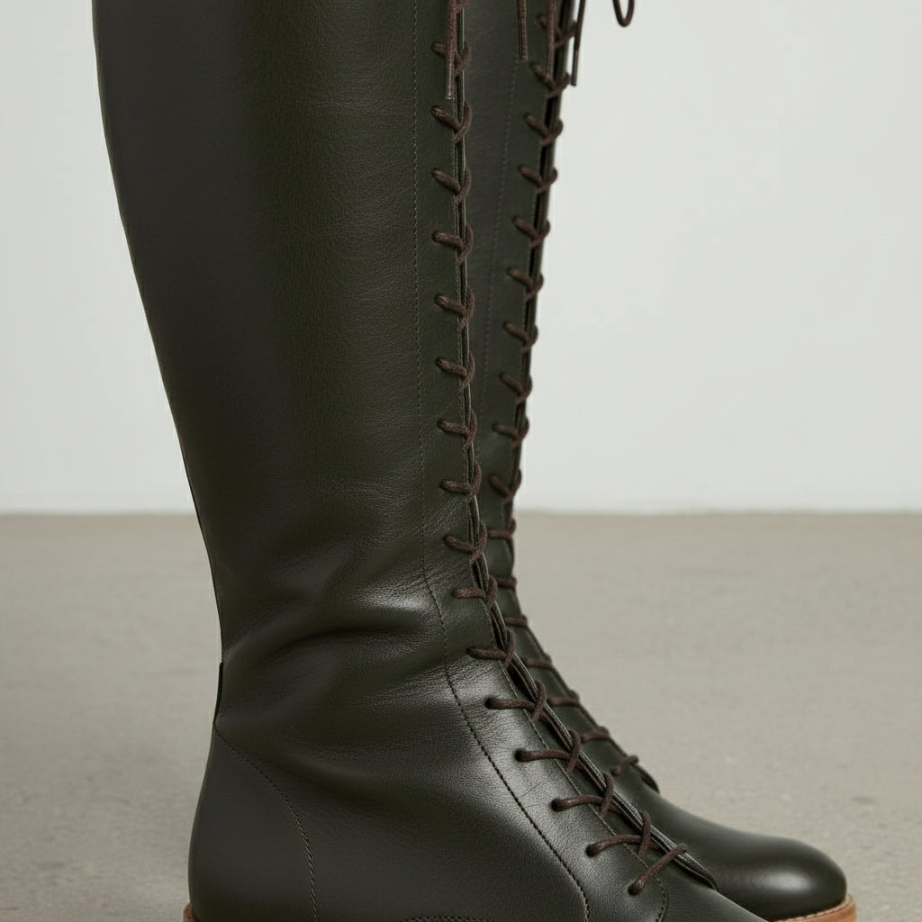 detail-view-showing-texture - Women's Handmade Dark Green Knee-High Lace-Up Boots, Leather Laced Boot