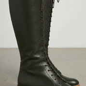 detail-view-showing-texture - Women's Handmade Dark Green Knee-High Lace-Up Boots, Leather Laced Boot