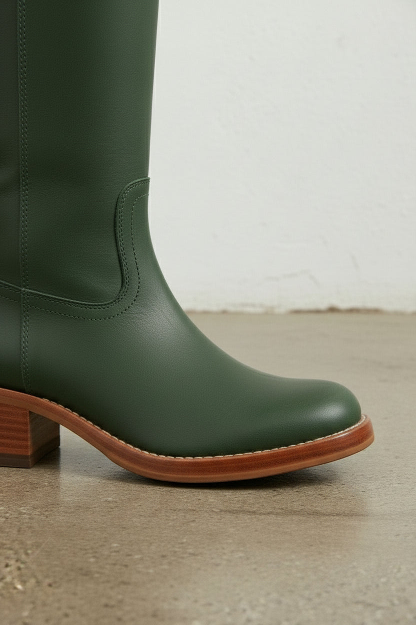 detail-view-showing-texture - Women's Handmade Dark Green Knee-High Riding Leather Boots