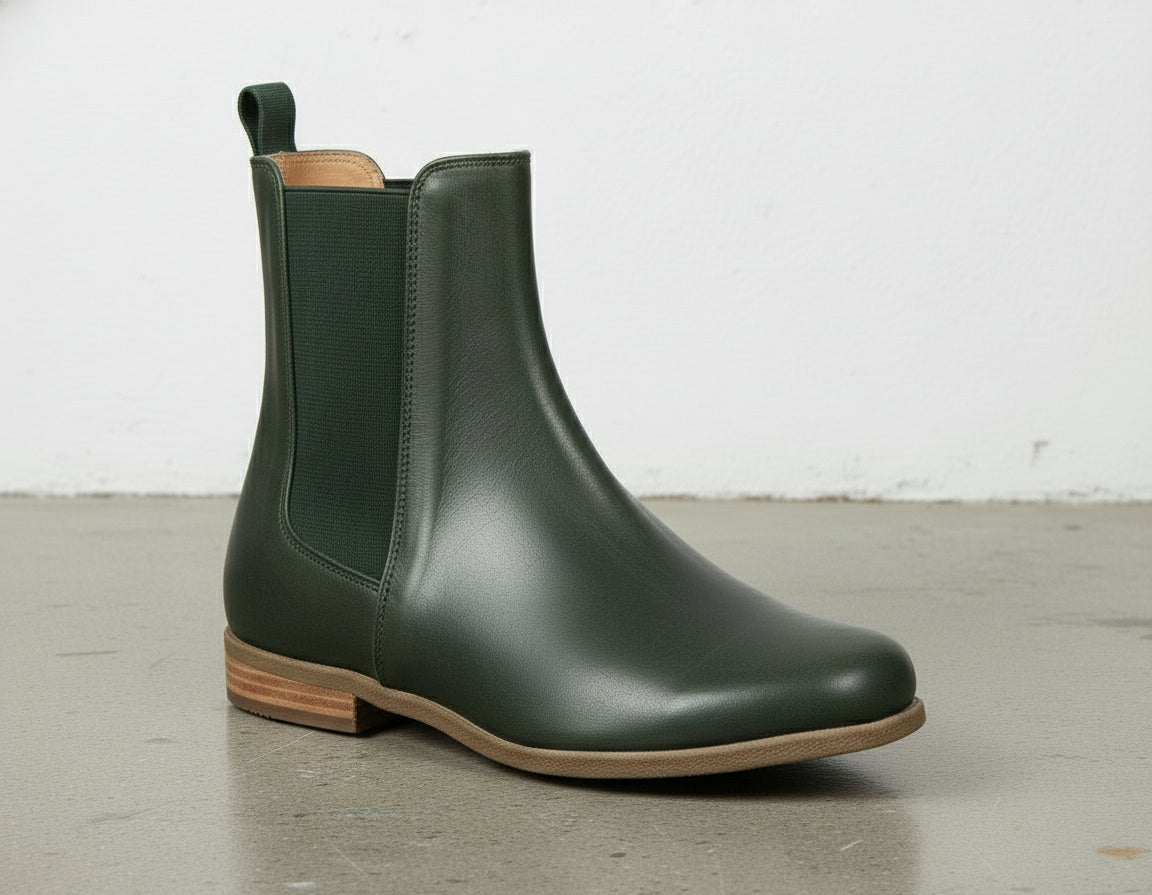 detail-view-showing-texture - Women's Handmade Dark Green Leather Chelsea Boots