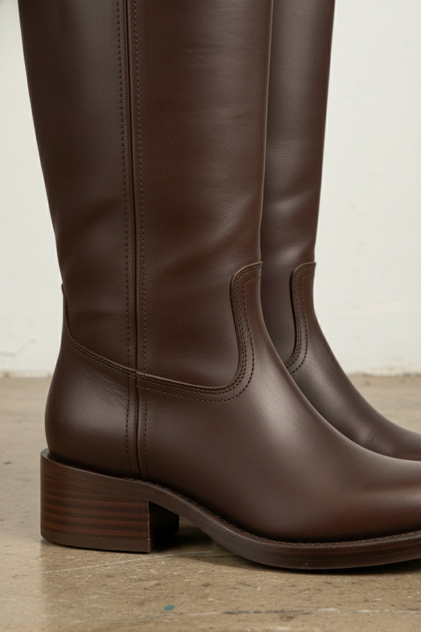 detail-view-showing-texture - Women's Handmade Leather Knee-High Boots, Brown Handmade Leather Knee-High Boots