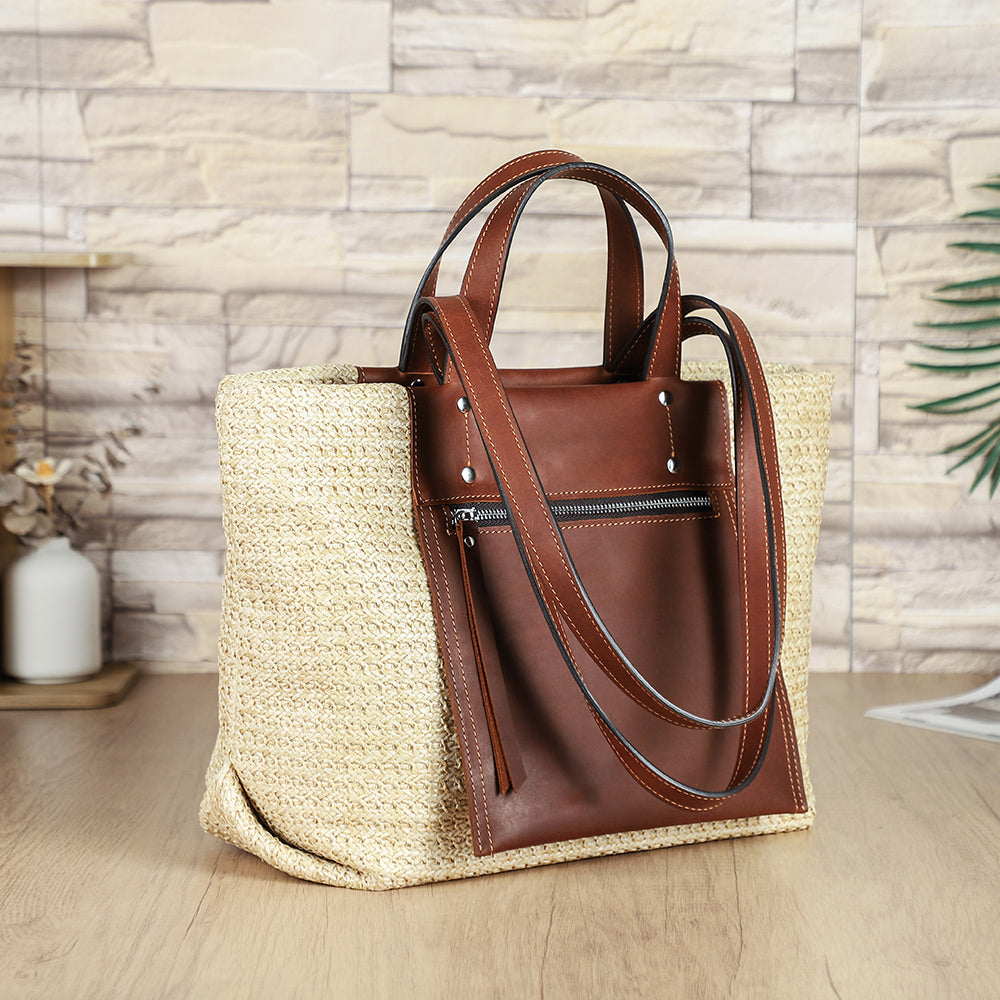 Women's Brown Leather Accent Cream Woven Tote Bag