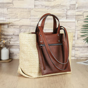 Women's Brown Leather Accent Cream Woven Tote Bag