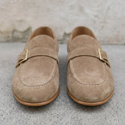 Men's Taupe Moc-Toe Suede Buckle Loafers — Abborfield