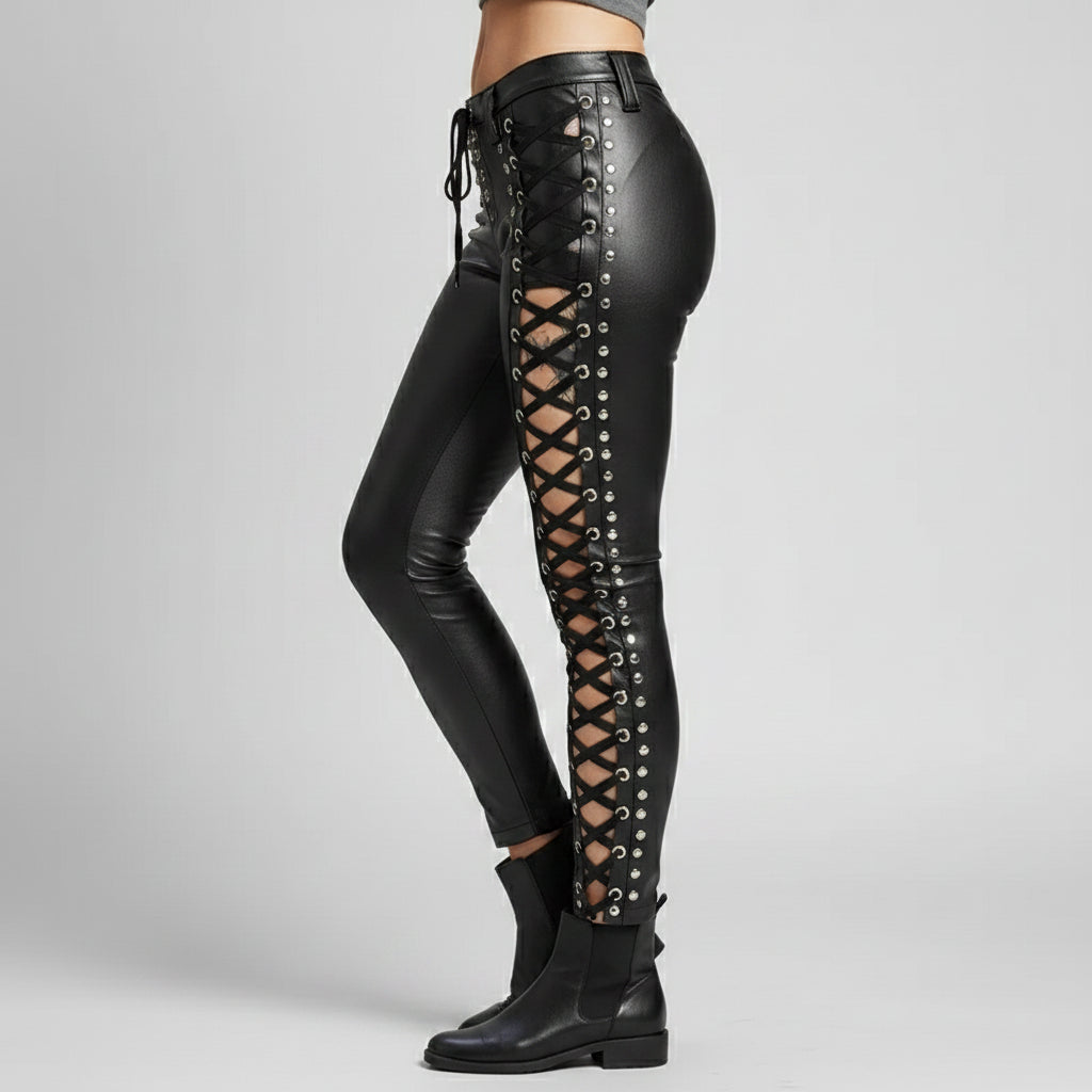 Gothic Women's Genuine Leather Lace-Up Pants, Snug Fit Alt Style