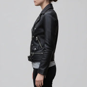 Women's Black Belted Leather Biker Jacket — Gillard