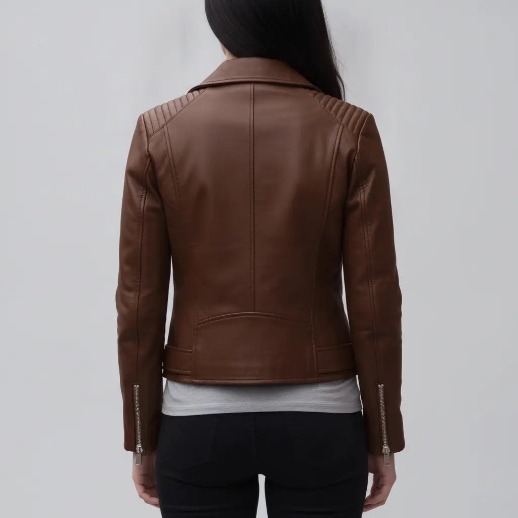 Women's Brown Belted Leather Biker Jacket — Gillard