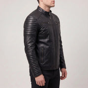 Men’s Black Leather Motorcycle Jacket with Sleeve Padding — Gedge