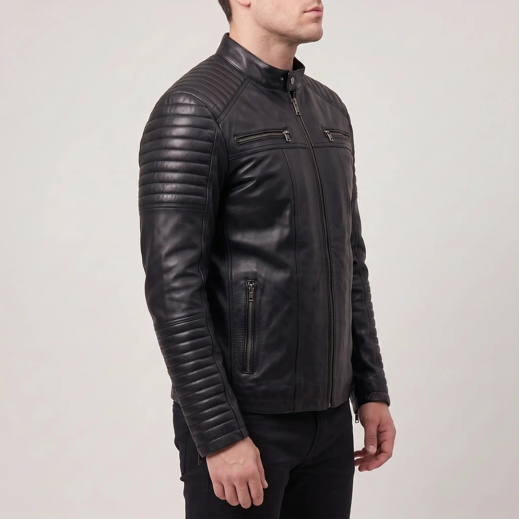 Men’s Black Leather Motorcycle Jacket with Sleeve Padding — Gedge