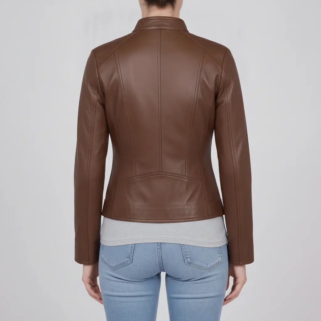 Women's Brown Leather Biker Jacket — Cary