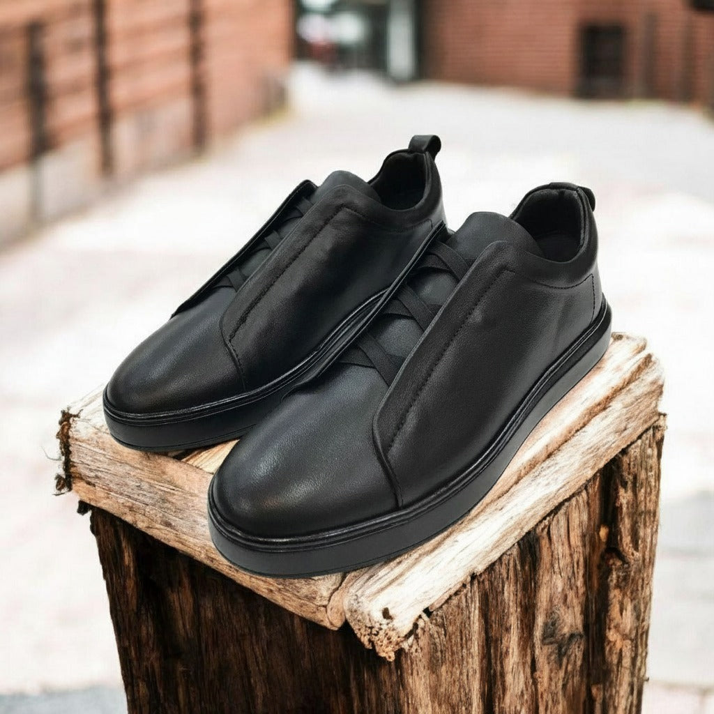 Men's Black Leather Slip-On Sneakers